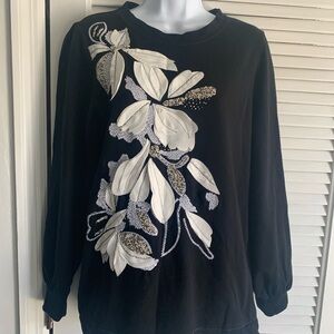 Chico's Black Sweatshirt with White Floral Design